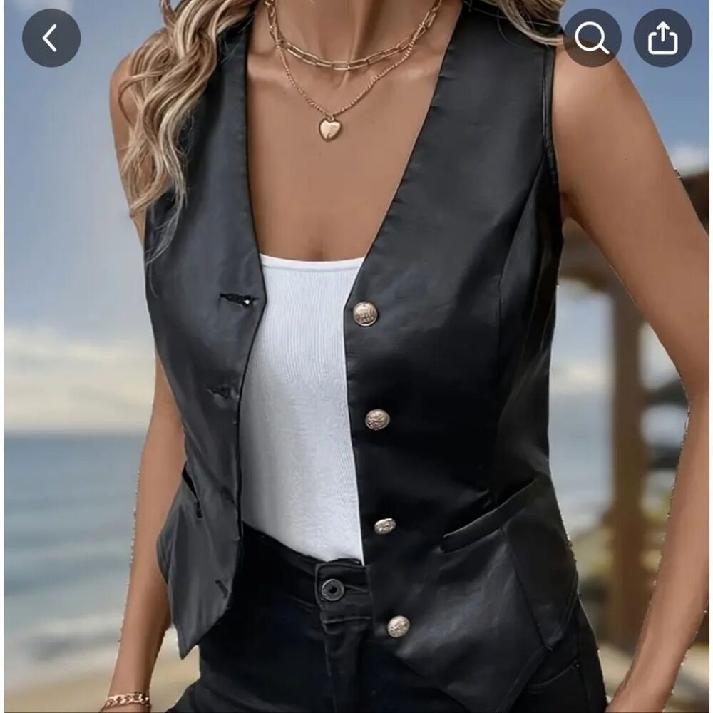 VIA MAX Women's Sleek Black Leather Vest More Like Small Size Not Medium - Picture 6 of 12